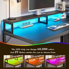 43.3"W/55'W  Computer Gaming Desk With LED Lights & USB Power Strip Home Office Desk With Drawer, Adjustable Storage Shelves & Monitor Stand For Work/Study/Gaming - 黑色 - 查看 3