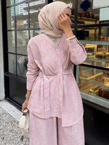 DAZY Women Elegant Asymmetrical Blouse And Wide-Leg Pants Two Pieces Sets Fall/Winter Modest Fashion - Pink - View 1