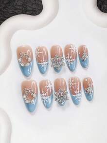 10pcs Christmas Nail Art Set, Including Blue French Manicure Stickers, Hand-Painted Snowflake Nails, 3D Christmas Wreath & Tree Nail Decorations, Diamond Snowflake False Nails, Blue Nail Polish, Suitable For Christmas, Parties, Weddings, Daily Wear, Comes With Tool Kit, Great Gift For Women & Girls, Long-Lasting - 彩色 - 查看 3