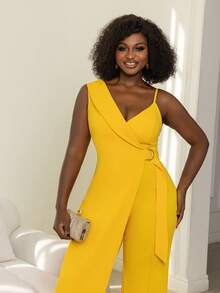Plus Size Deep V-Neck Jumpsuit, Wide Leg Cut, Suitable For Casual Gatherings, Street Style And Daily Wear - Yellow - View 8