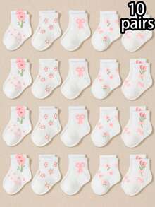 10 đôi tất thun co giãn đến giữa bắp chân ren chấm bi nơ cho bé, màu trắng, mùa thu/đông - Nhiều màu - Xem 7