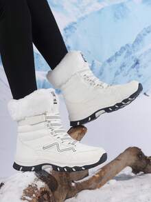 女士冬季防水防滑加厚保暖雪地靴，适合寒冷天气，也适合搭配圣诞节时尚装扮，白色登山靴 - 白色 - 查看 5