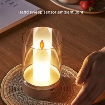 Flameless Candle Lights, LED Electronic Candle Lights, Candle Holder Lamps Atmosphere Lights, Small Night Lights, Transparent Glass Flameless Candles, Flickering Battery-Powered LED Pillar Candles With Smart Hand Sweep Dimming And On/Off Switch, Suitable For Holiday, Wedding, Home Party Decoration, Birthday Party, Camping, Bar Indoor/Outdoor Atmosphere Decoration Lights