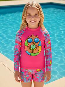 Biquini Infantil Menina Conjunto Com Camiseta Proteção Uv 50+ Com Shorts Box - Rosa Pink - Visão 8