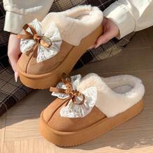 2-2.5 时尚简约毛绒拖鞋2025秋冬新款蝴蝶结室内保暖内衬温暖舒适拖鞋适合户外穿着 - 棕色 - 查看 5