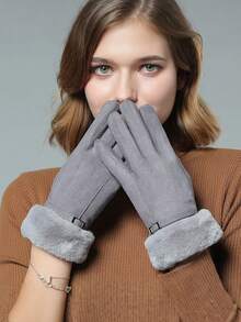 1 Pair Of Cartoon-Print Women's Thermal Lined Gloves, Featuring A Cute Style With A Thermal Lined Split-Finger Design, Perfect For Winter Warmth And Fashionable Outfits.