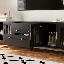 Low Cabinet, Retro-Style TV Stand: Gold Handles, Plenty Of Storage Space. With A Glass Door And Solid Wood Legs. - 黑色+刨花板+70-79英寸 - 查看 7