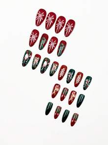 Add A Touch Of Romance With Christmas Nail Art 24pcs Medium To Long Press Nail Classic Red And Blue Color Scheme Nail Stickers, Cartoon Cute Christmas Reindeer, Santa Claus, Green Plant Flower Fruit, White Snowflake Pattern, Autumn And Winter Atmosphere Almond Nail, Suitable For Office Ladies, Sweet Girls, Festivals, Campuses, Parties, Christmas Daily Nail Decoration - Multicolor - View 2
