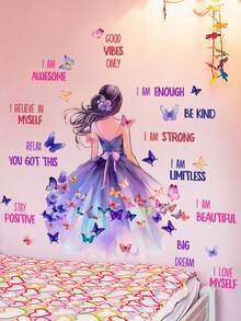 1pc Multi-Size PVC Removable Wall Sticker, Featuring Elegant Purple Fairy, Butterfly Bouquet, Girl Silhouette With English Letters, Cute Fairy On Swing, Clouds And Hearts Decor, Suitable For Bedroom, Living Room, Study, Dining Room, Bathroom, Home Wall Decoration - Multicolor - View 13