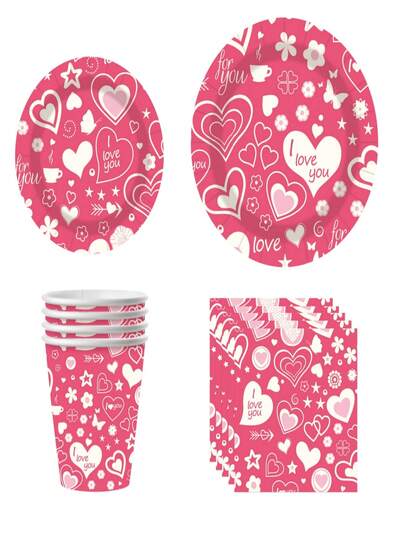 10 pezzi Set di forniture per feste di San Valentino - Piatti, bicchieri, tovaglioli rosa a tema "Ti amo" con motivi a cuore, fiori e stelle per celebrazioni romantiche, serate romantiche e decorazioni