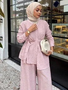 DAZY Women Elegant Asymmetrical Blouse And Wide-Leg Pants Two Pieces Sets Fall/Winter Modest Fashion - Pink - View 6