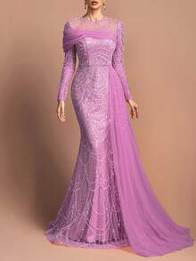 Đầm dạ hội dài tay cổ tròn đính cườm sang trọng dành cho nữ - Cổ áo đính ngọc trai, vạt voan bất đối xứng và chân váy đuôi cá ôm sát | Hoàn hảo cho các bữa tiệc trang trọng, dạ hội và đám cưới | Kết hợp với trang sức bắt mắt và giày cao gót quai mảnh để có vẻ ngoài rạng rỡ cho năm mới. - Bụi hồng - Xem 1