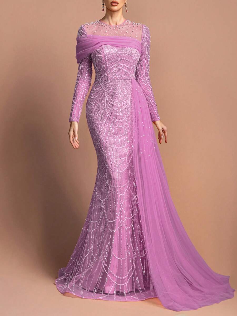 Đầm dạ hội dài tay cổ tròn đính cườm sang trọng dành cho nữ - Cổ áo đính ngọc trai, vạt voan bất đối xứng và chân váy đuôi cá ôm sát | Hoàn hảo cho các bữa tiệc trang trọng, dạ hội và đám cưới | Kết hợp với trang sức bắt mắt và giày cao gót quai mảnh để có vẻ ngoài rạng rỡ cho năm mới. - Bụi hồng - Xem 1