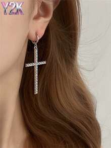 Brincos de Cruz Cheios de Diamantes Exagerados Y2K, Um Par de Brincos de Cruz, Brincos Sexy de Menina Y2K, Acessórios de Festa, Presentes de Festa.