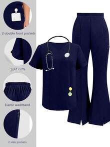 cimmuovere Ensemble de blouse et pantalon fendu pour femmes grandes tailles, col en V unicolore, manches courtes. Tenue de travail pour infirmière, laboratoire ou vétérinaire, avec poches. Printemps - Bleu marine - Voir 1