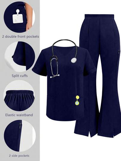 cimmuovere 大码女式纯色 V 领短袖上衣和开叉裤实验室外套护士服套装，宠物医院诊所工作服上衣和裤子带口袋