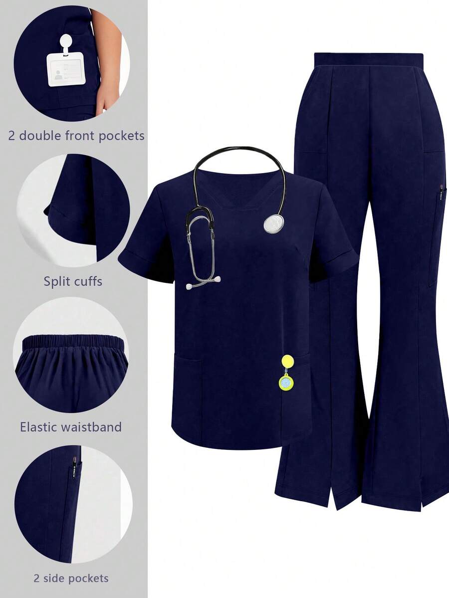 cimmuovere Ensemble de blouse et pantalon fendu pour femmes grandes tailles, col en V unicolore, manches courtes. Tenue de travail pour infirmière, laboratoire ou vétérinaire, avec poches. Printemps - Bleu marine - Voir 1
