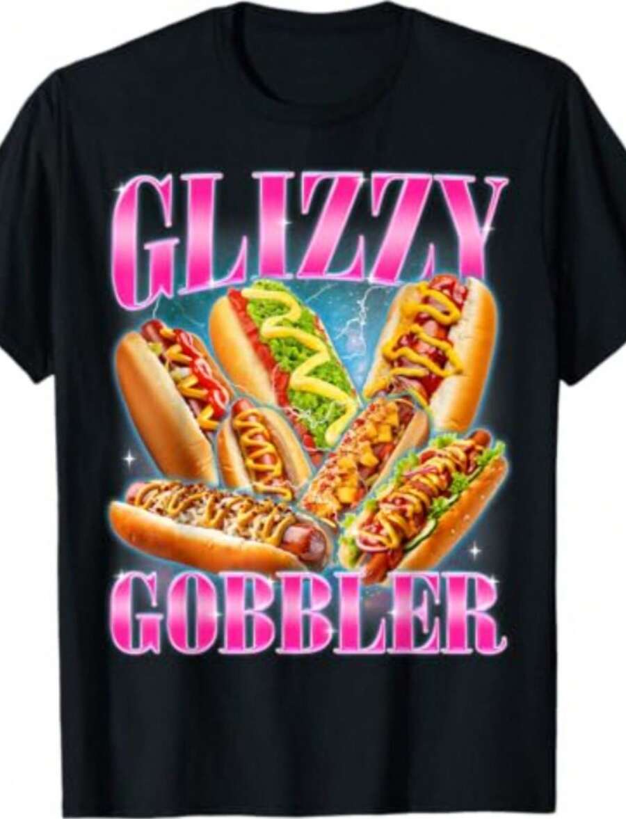 Glizzy Gobbler Funny Hot Dog Glizzy Lovers Bootleg Graphic T-Shirt For Men Women - 黑色 - 查看 1