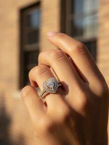 Bộ 2 nhẫn hình trái tim bằng bạc 925 đính đá Cubic Zirconia lấp lánh - Phụ kiện đa năng dành cho nữ, phù hợp cho đi làm hàng ngày và dự tiệc, món quà thanh lịch chất lượng cao. - Vàng - Xem 7