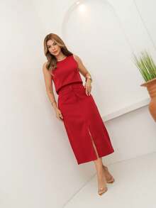 Women's Cropped Top And Tailored Skirt Set - Color caoba - Ver 3