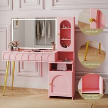 47.5" Big Modern Vanity  With Mirror And Lights, Fluted Makeup Vanity With Glass Top, Vanity Desk With 2 Drawers & Glass Cabinet, Wood Vanity With Storage Cabinet,3 Lighting Modes For Bedroom,Gift For Girls Women - Xem 8