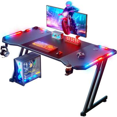 Gaming Desk With LED Lights, Gaming Table Z Shaped, Gamer Desk With Carbon Fiber Coated, Gaming PC Desk With Headphone Hook And Cup Holder, Computer Desk Easy To Assemble, Black