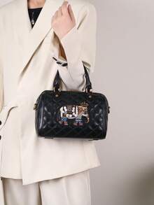 Geantă de pernă Boston cu model de elefant brodat, vintage nouă, la modă, 2025, geantă de mână pentru femei cu model de bowling, versatilă și rafinată, geantă de umăr crossbody de mare capacitate pentru navetiști