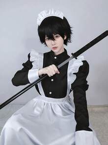 中性の風格の男のメイドの服-フリルの長い款のエプロン、甘いクールな風の黒のタートルネックのシャツとレースのエプロン机は洗濯することができて、適して、テーマのパーティー、アニメの展示会に着て着て、エプロン、精致の裁縫、構造は設計を製造して、男のメイドの服の大きいサイズのコスプレ女装男のカフェの実体の店の招待員の制服です - ブラック&ホワイト - チェックする 6