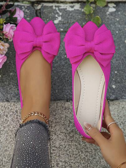 春秋新款尖头平底鞋，时尚撞色套脚平底鞋，舒适轻便，适合日常穿着，尺码35-45，蝴蝶结装饰，玫瑰红