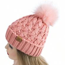Womens Winter Ribbed Beanie Crossed Cap Chunky Knit Pompom Soft Warm Hat - One Size + Rose Pink - View 4