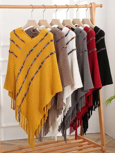 1 pieza Poncho de punto a rayas tricolor con flecos de otoño/invierno