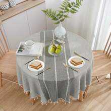 Mantel rectangular de algodón y lino con textura y flecos, mantel con patrón de rayas simples para comedor en casa y fiestas - Gris - Ver 6