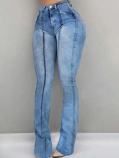 Jeans de tiro alto con bolsillos, de corte skinny y versátil, con campana para mujer