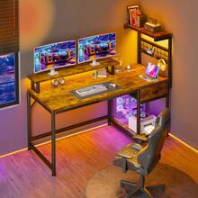 EnHomee 40" Computer Desk With Drawer And Shelves, Gaming Desk With LED Lights And Monitor Stand, Home Office Desk With Power Outlets For The Living Room - Xem 1