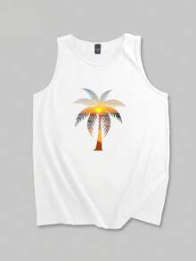 男士休闲度假上衣，椰树印花图案，休闲无袖上衣，适合度假穿着