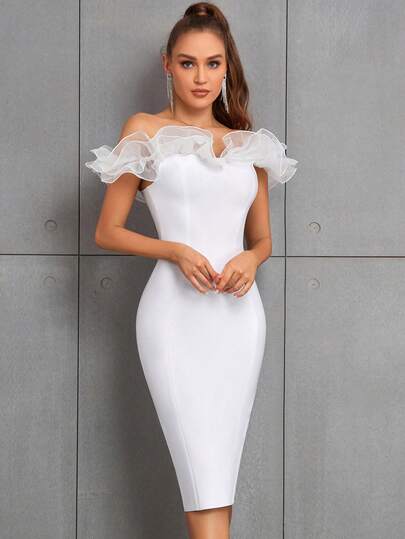 Elegant Women's Off Shoulder Ruffle Trim Fitted Midi Knit Dress, High Elasticity Pencil Dress Party Style