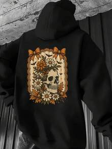 484g/m², Sudadera con Capucha para Hombre de Mezcla de Poliéster y Algodón al 50%, Cómoda y Cálida, Sudadera con Capucha de Estampado de Calavera y Flores para Hombre - Estilo Retro Gótico de Calle con Capucha Ajustable, Tela Suave y Cálida, Disponible en Negro y Rojo, Ropa Casual de Invierno, Diseño de Patrón Digital Duradero - Regalo Ideal para Hombres (Ajuste Regular), Adecuado para Principios de Primavera, Otoño e Invierno, Impresión de Alta Calidad - Negro - Ver 3