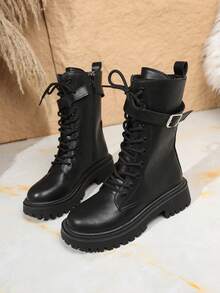 秋冬朋克风系带侧拉链女靴，配皮带扣，百搭踝靴 - 黑色 - 查看 2