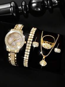 Bộ 6 đồng hồ đính đá Rhinestone cho bé gái, Đồng hồ thạch anh dây thép hợp kim phong cách sang trọng cho bé gái, Bộ trang sức vòng tay, vòng cổ, khuyên tai, nhẫn đính đá Rhinestone hình trái tim cho buổi tối - Vàng - Xem 5