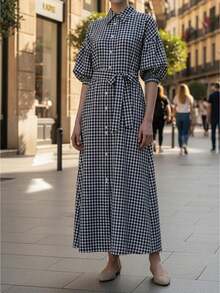 Women's Christmas Plaid Maxi Dress Lapel Collar Short Puff Sleeve Button Down Belted A-Line Dress Fall Winter Party Holiday Clothes - 黑色 - 查看 1