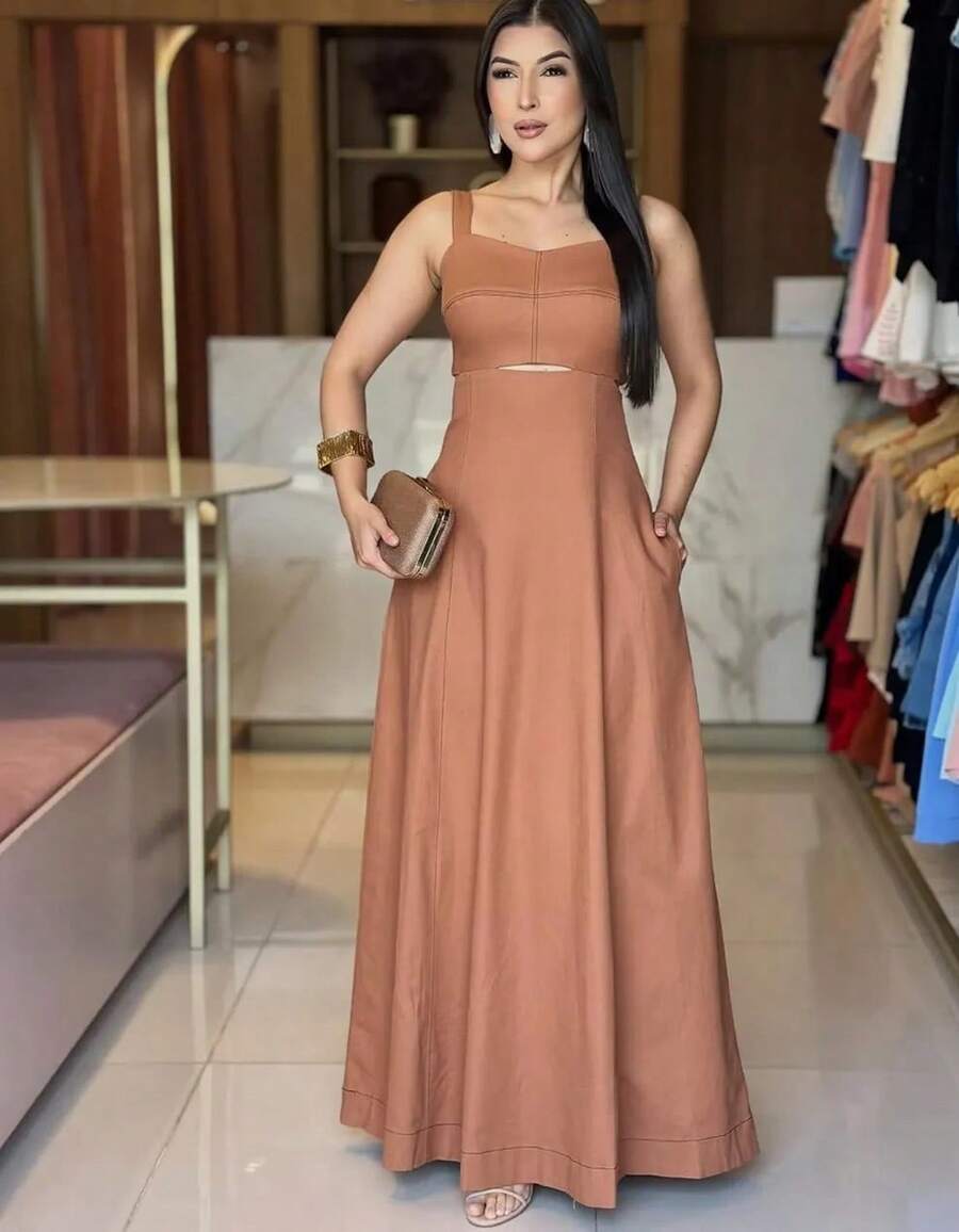 Women's Long Dress With Front Slit/New Year's Eve Style. - Marrón Mocha - Ver 1