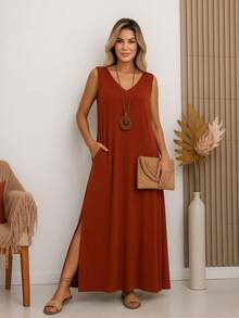 Women's Plus Size Long Dress With Side Slit - 赤土陶 - 查看 1