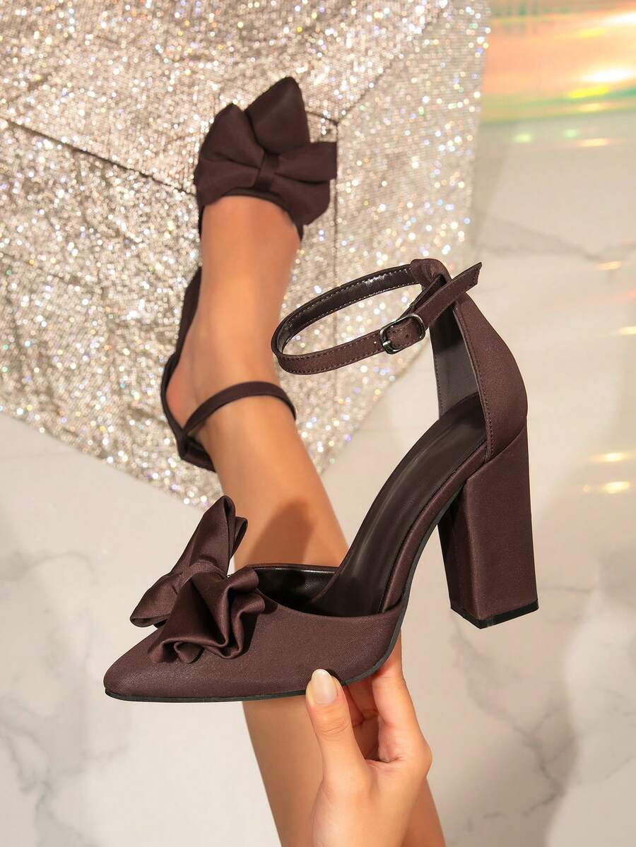 Women's Fashion Pointed Toe Hollow Out Strap Thick High Heel Party Shoes, Purple,Chunky Heels - Coffee Brown - View 1