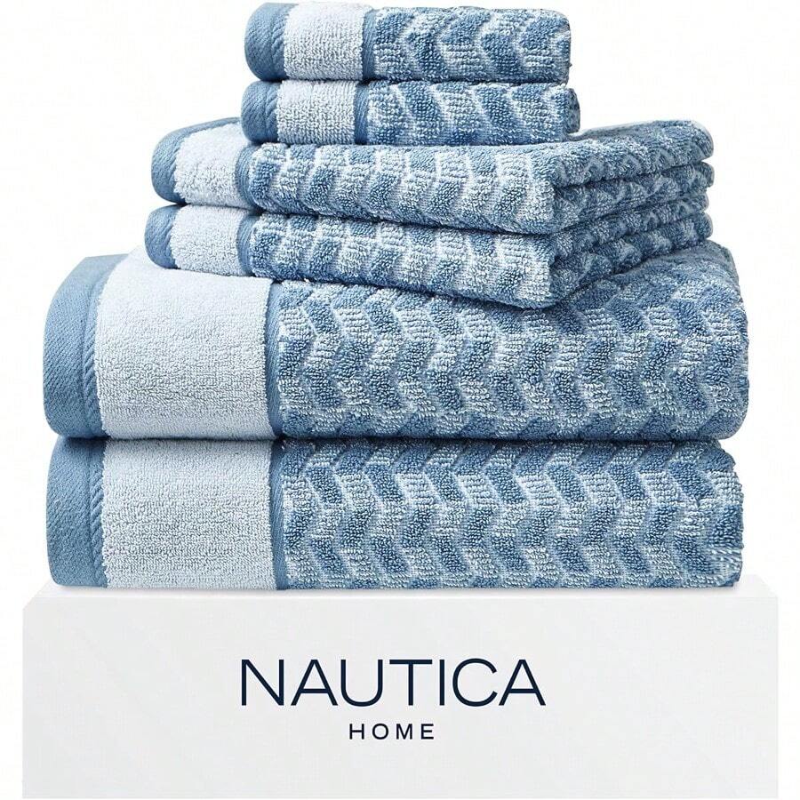 Nautica Home 6pc Towel Set 100% Terry Cotton OekoTex Certified Super Soft And Absorbant MediumWeight 6 Piece Zane Bath Sheet - ZaneChevronMediumBlueLightBlue - View 1