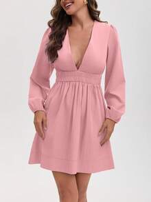 Vestido corto casual de mujer con cuello en V y línea A, manga a la altura de la muñeca, hecho de tela tejida de verano - Rosa - Ver 3