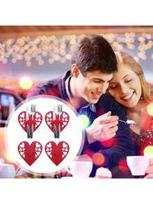 4pcs Valentine's Day Heart Cutlery Holders, Felt Silverware Storage Bag, Red Knife Fork Covers For Proposal, Wedding, Anniversary Celebrations, Mother's Day, Valentine's Day & Engagement Party Table Decorations - Multicolor - View 6