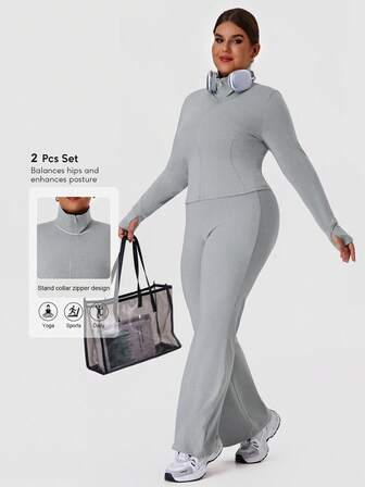 Sodalemon Conjunto de gimnasio para mujer de talla grande, chaqueta de entrenamiento con orificio para el pulgar, pantalones de yoga, danza y casual con cintura elástica y campana, conjunto deportivo atlético para exteriores