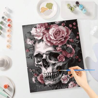1 件套 DIY 数字油画套装 - 玫瑰与骷髅图案，无框油画艺术套装，适合客厅装饰，生日和节日的完美礼物，16x20 英寸