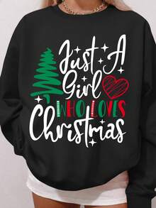 Sudadera de cuello redondo con forro térmico para mujer de talla grande - Estampado de árbol con letras navideñas, uso casual diario, moda versátil para vacaciones - Negro - Ver 3