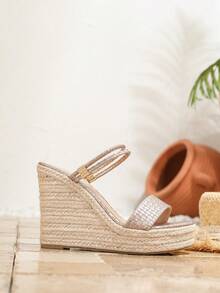 女士春夏新款沙滩度假休闲时尚防滑舒适圆头高跟坡跟绳厚底凉鞋 - 香檳色 - 查看 5